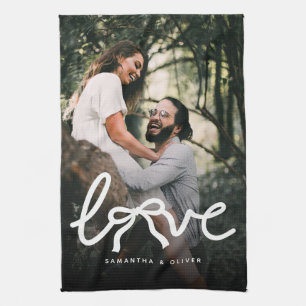 Modern Love Bow Typography Couple Custom Photo Tea Towel