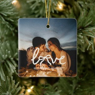 Modern Love Bow Typography Couple Custom Photo Wat Ceramic Ornament