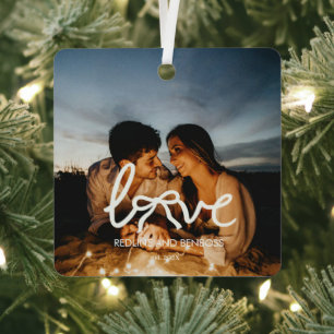 Modern Love Bow Typography Couple Custom Photo Wat Metal Tree Decoration