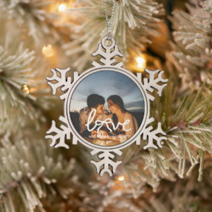 Modern Love Bow Typography Couple Custom Photo Wat Snowflake Pewter Christmas Ornament