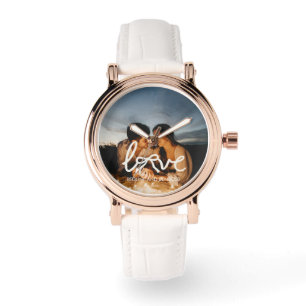 Modern Love Bow Typography Couple Custom Photo Wat Watch