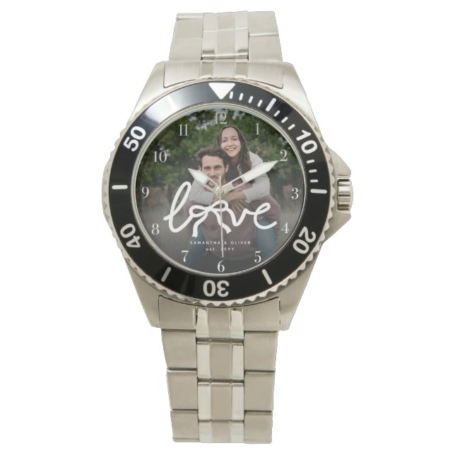 Modern Love Bow Typography Couple Custom Photo Watch (Front)