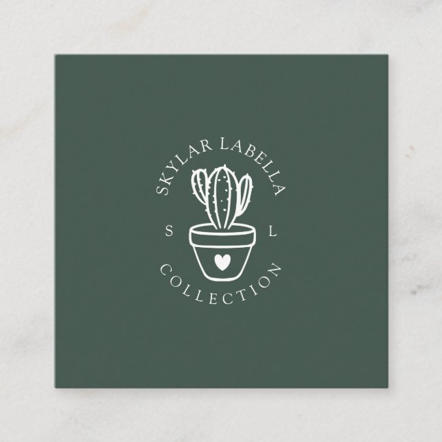 Modern Love Cactus Plant Line-Art Logo & Monogram Square Business Card (Front)