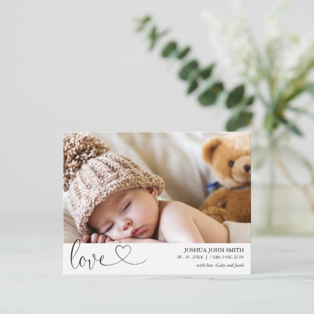 Modern Love Calligraphy Birth Announcement Postcard (Standing Front)