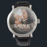 Modern Love conquers all Wedding Photo Script Watch<br><div class="desc">Modern chic photo watch with hand lettered script and modern typography reading:' Love conquers all 'alongside your custom names and wedding date. Personalise with your favourite photo and information. Great gift for newlyweds or Valentine's Day!</div>