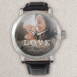 Modern Love conquers all Wedding Photo Script Watch<br><div class="desc">Modern chic photo watch with hand lettered script and modern typography reading:' Love conquers all 'alongside your custom names and wedding date. Personalise with your favourite photo and information. Great gift for newlyweds or Valentine's Day!</div>