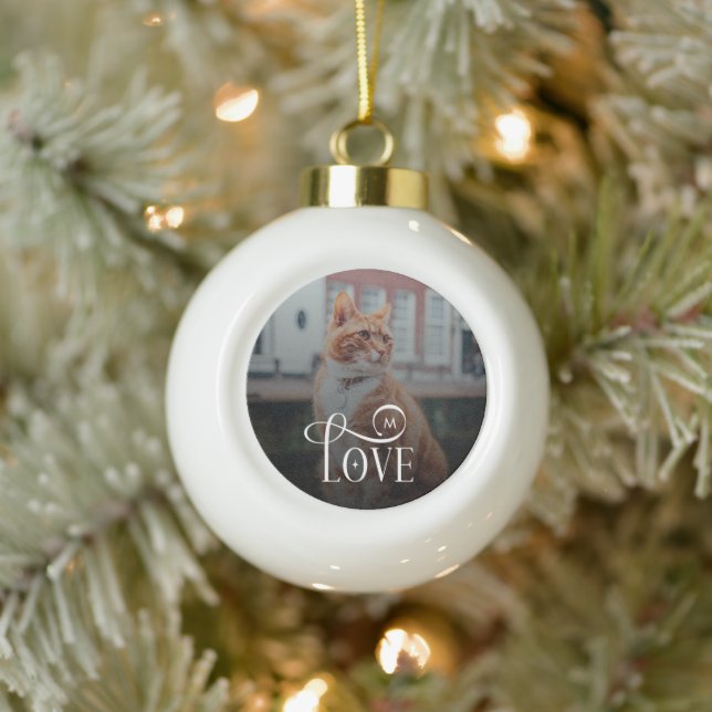 Modern Love Custom Cat Pets Photo Monogram Ceramic Ball Christmas Ornament (Tree)