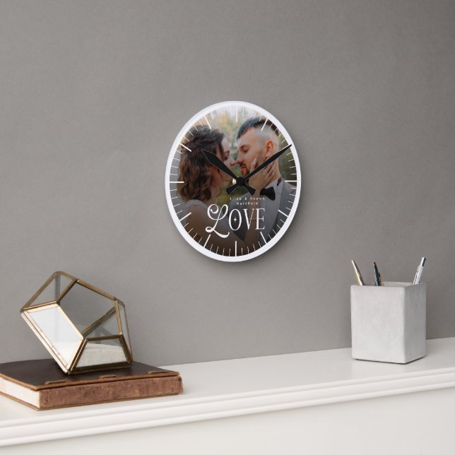 Modern Love Custom Wedding Photo Couples Monogram Round Clock (Office)