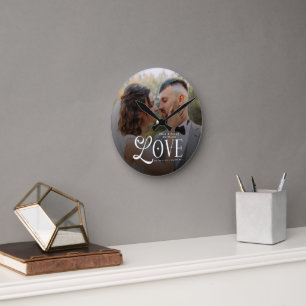 Modern Love Custom Wedding Photo Couples Monogram Round Clock