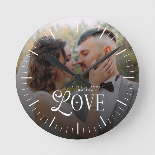 Modern Love Custom Wedding Photo Couples Monogram Round Clock (Front)