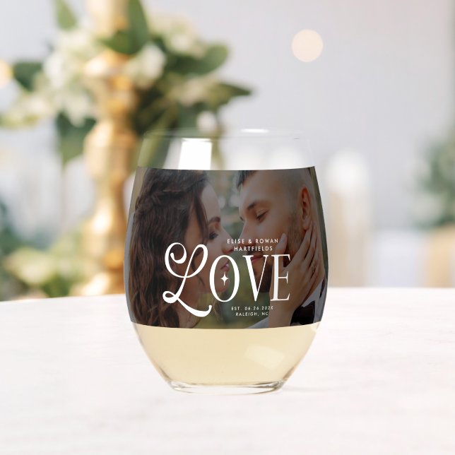 Modern Love Custom Wedding Photo Couples Monogram Stemless Wine Glass (Insitu (Wedding))