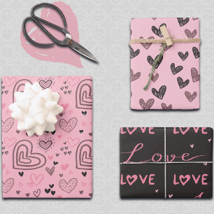 Modern Love Doodles Cute Pink & Black Hearts Wrapping Paper Sheet