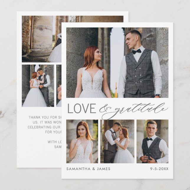 Modern Love & Gratitude 8-Photo Collage Wedding Thank You Card (Front/Back)