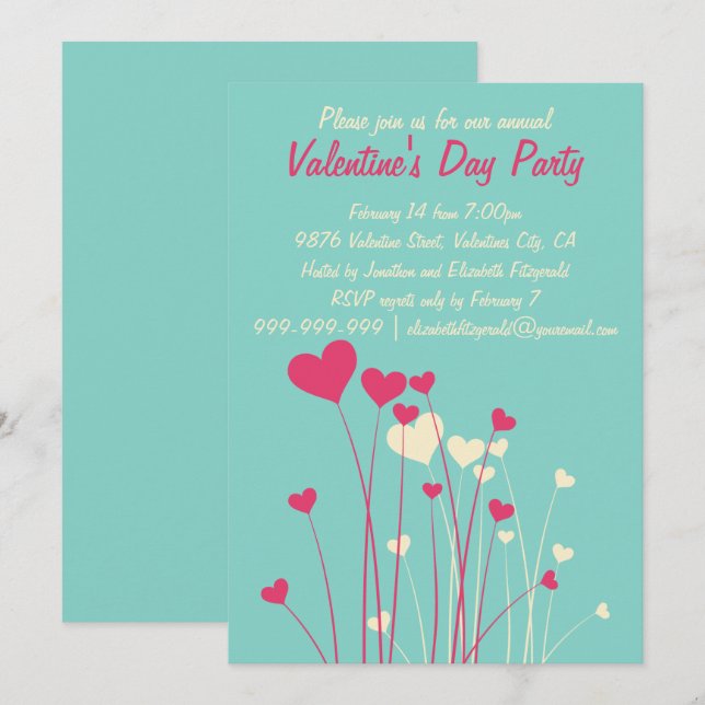 Modern Love Heart Flowers Valentines Party Invitation (Front/Back)