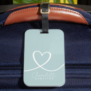 Modern Love Heart Personalised Name Green White Luggage Tag