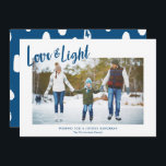Modern Love & Light Blue Hanukkah Photo Holiday Card<br><div class="desc">A simple, stylish Hanukkah photo card design, featuring modern typography reading "Love & Light" in blue over a white background. Modern styled text templates are included for personalisation, as well as a splotch pattern in white and blue on the back of the card. For design or product enquiries please feel...</div>