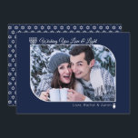 Modern Love & Light Hanukkah Wishes Photo Holiday Card<br><div class="desc">Theme Parties' modern Hanukkah photo card design features a navy blue backdrop for your favourite holiday photo set in a modern geometric rectangle shape with two rounded corners. The reverse side is a Star of David pattern in matching white and navy blue. Change "Wish You Love & Light" to your...</div>