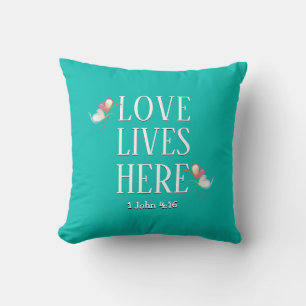Modern LOVE LIVES HERE Customisable Scripture AQUA Cushion