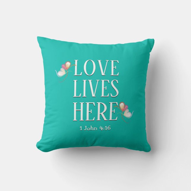 Modern LOVE LIVES HERE Customisable Scripture AQUA Cushion (Front)