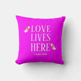 Modern LOVE LIVES HERE Customisable Text HOT PINK Cushion