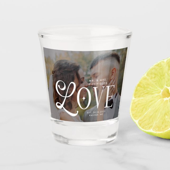 Modern Love Mr & Mrs Custom Wedding Photo Couples Shot Glass (Front)