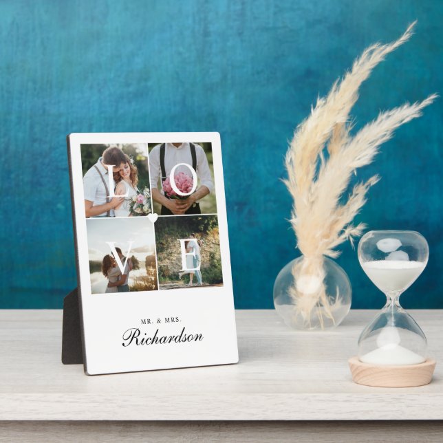 Modern Love Newlyweds Wedding Photo Collage White Plaque (Side)