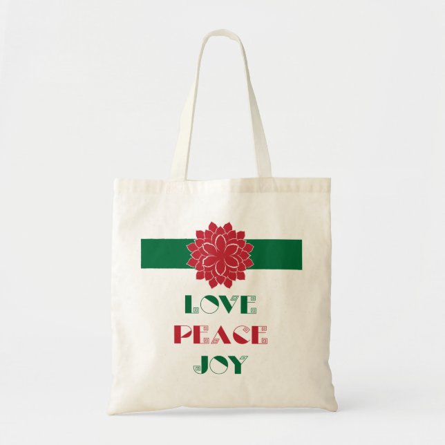 Modern Love, Peace, Joy text with poinsettia Tote Bag (Front)