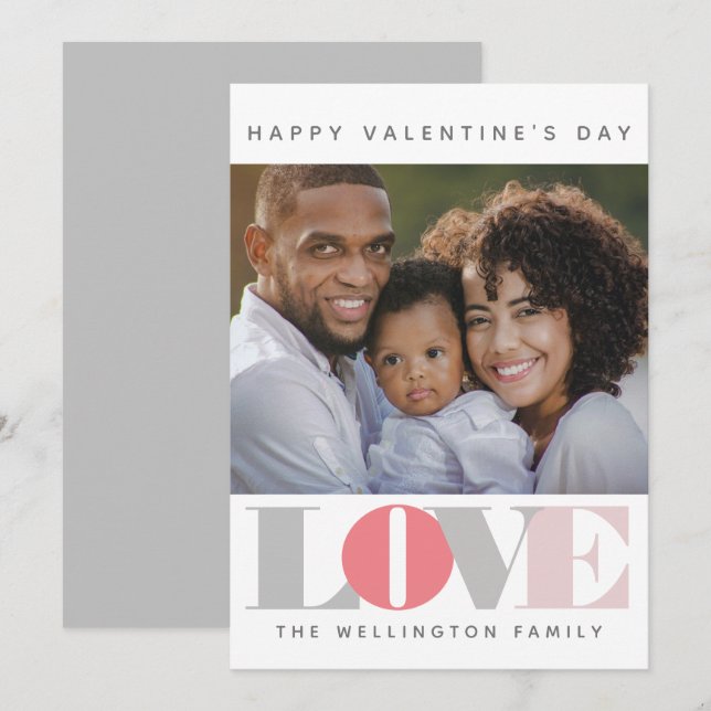 Modern LOVE Pink Grey Valentine's Day Photo Holiday Card (Front/Back)
