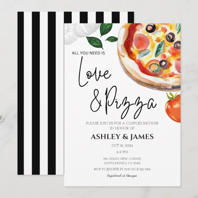 Modern Love & Pizza Couples Wedding Bridal Shower Invitation (Front/Back)