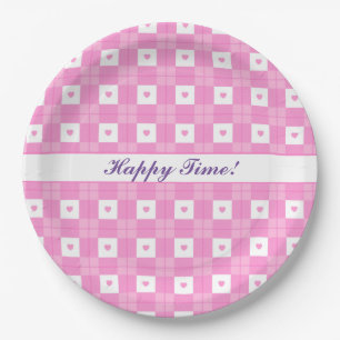Modern Love Plaid Pink Heart Collection Paper Plate