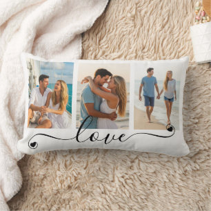 Modern LOVE Script Heart 3 Photos Custom Colors Lumbar Cushion