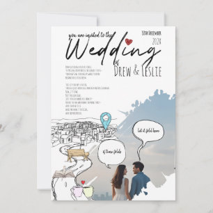 Modern Love Story Timeline Illustrated Wedding Invitation