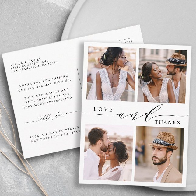 Modern Love & Thanks 4 Photo Wedding Thank You Postcard (Front & Back)