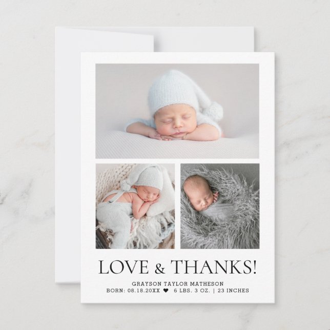 Modern Love & Thanks Baby Photo Grid Birth Stat Thank You Card (Front)