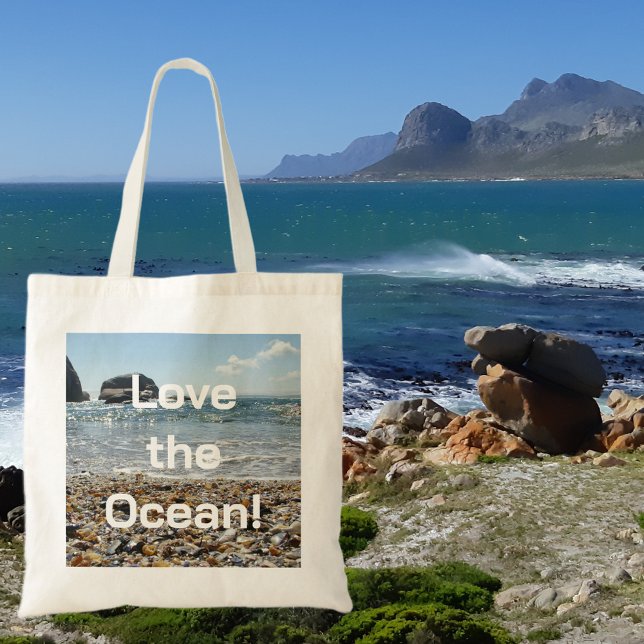 Modern Love the Ocean Shells Photo Typography Tote Bag (Front with Background)
