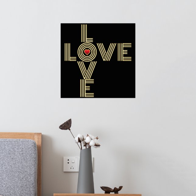 Modern "LOVE" word and red heart black Foil Prints (In Situ (Bedroom 2))