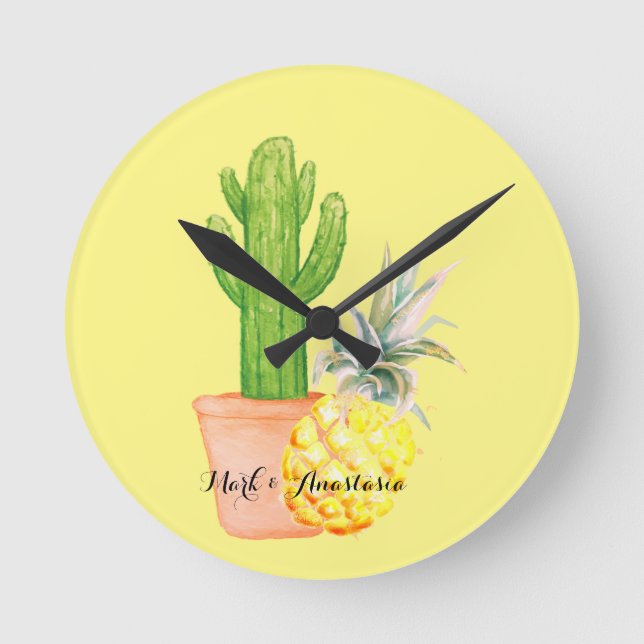 Modern Love Yellow Pineapple and Cactus Round Clock (Front)