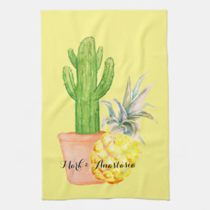 Modern Love Yellow Pineapple and Cactus Tea Towel