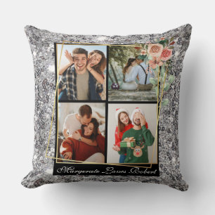 Modern LOVE YOU 4 Photos Silver Glitter Valentine Cushion