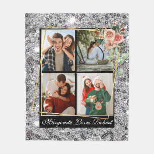 Modern LOVE YOU 4 Photos Silver Glitter Valentine Fleece Blanket