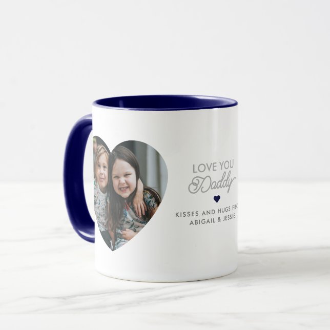 Modern "Love you Daddy/Dad" 2 Heart-Shaped Photos Mug (Front Left)