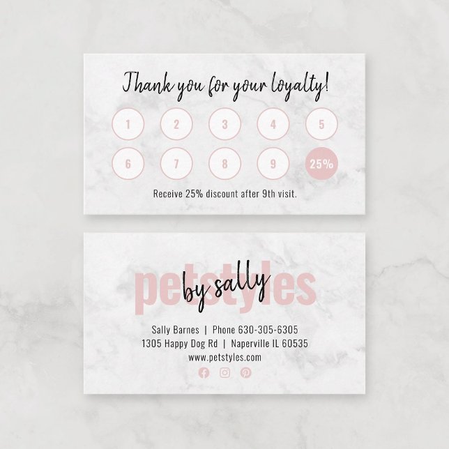 Modern Loyalty Card Pet Grooming Blush Pink (Modern professional pink loyalty card template with elegant gray marbled background.)