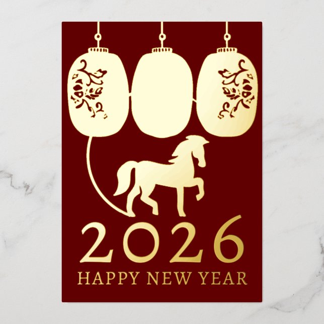Modern Lunar New Year Gold Horse Foil Holiday Card (Front)