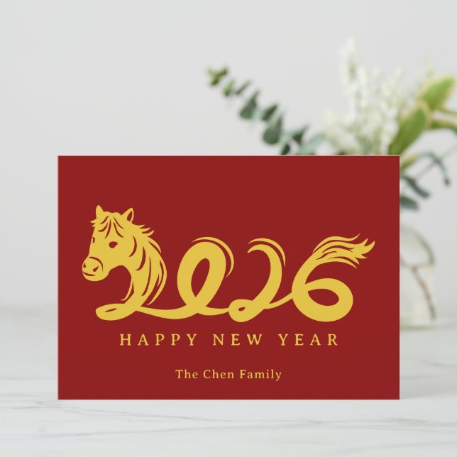 Modern Lunar New Year Horse 2026 Holiday Card (Standing Front)