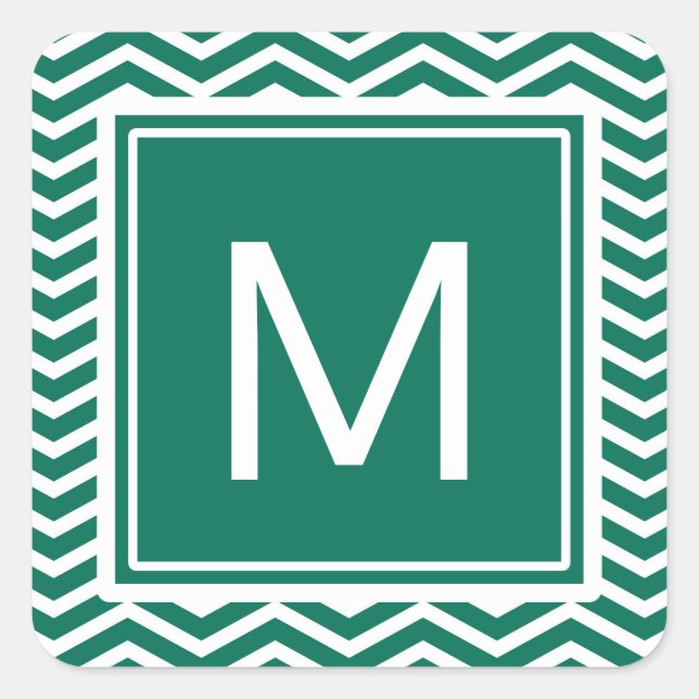 Modern Lush Green Chevrons With Monogram Square Sticker (Front)