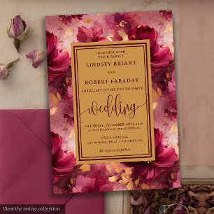 Modern Lux Deep Red Blush Gold Roses Wedding  Invitation