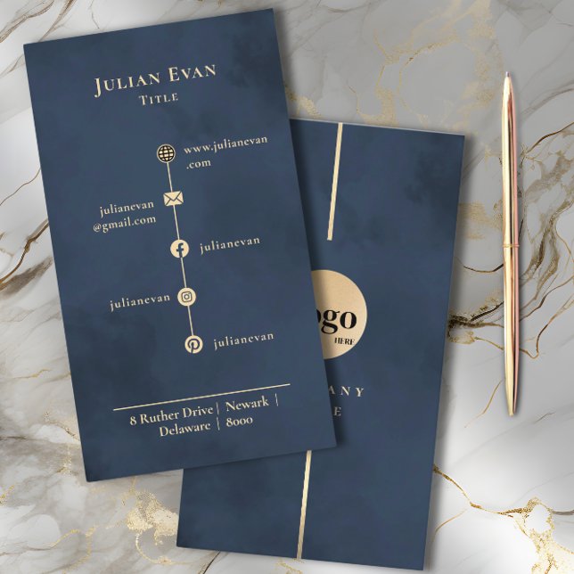 Modern Luxe Artistic Navy Blue and Gold Business Card (Creator Uploaded)