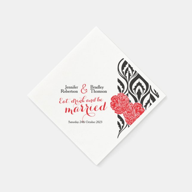Modern luxe carnation red graphic wedding napkins (Corner)