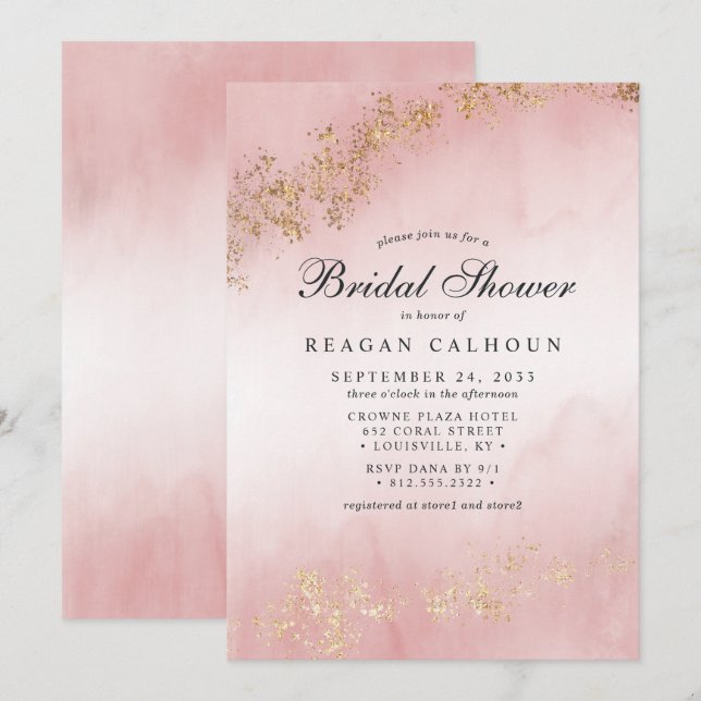 Modern Luxe Gold Flecks Blush Pink Bridal Shower Invitation (Front/Back)