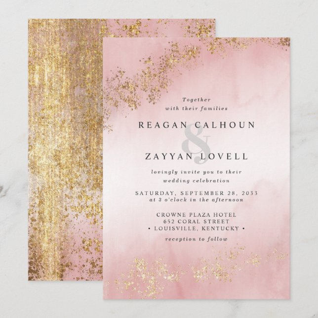 Modern Luxe Gold Flecks Blush Pink Mist Wedding Invitation (Front/Back)